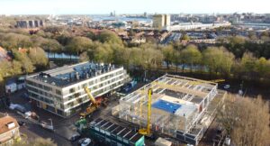 The assembling of roof construction on the sport hall meidoornweg in amsterdam is progressing rapidly