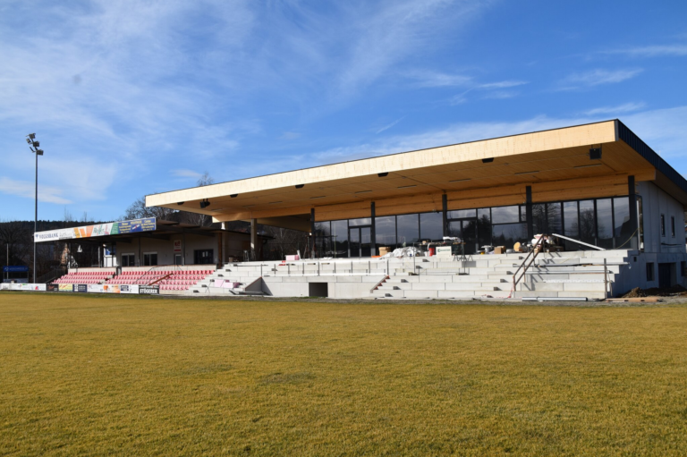 The new timber-framed roof for the stands at the Pinkafeld football stadium